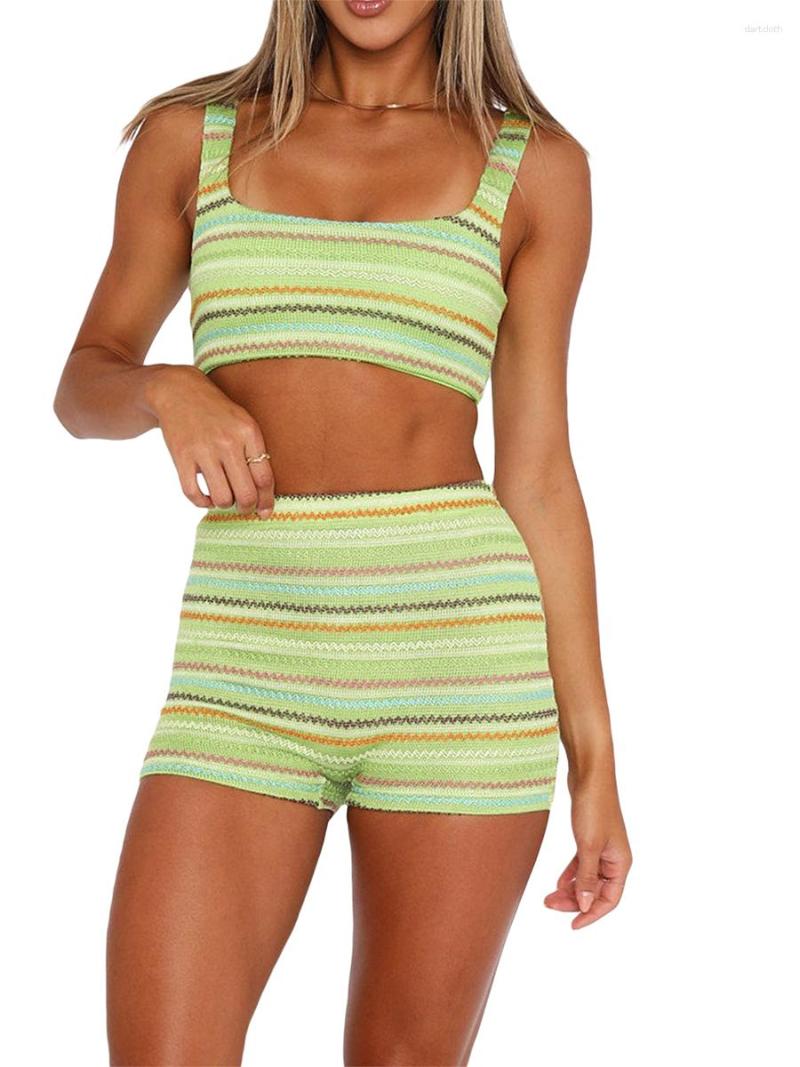 

Women' Tracksuits Kimydreama Women Summer 2 Piece Knit Outfits Sleeveless Crop Tank Top Camisole High Waist Stripe Short Sets, Green