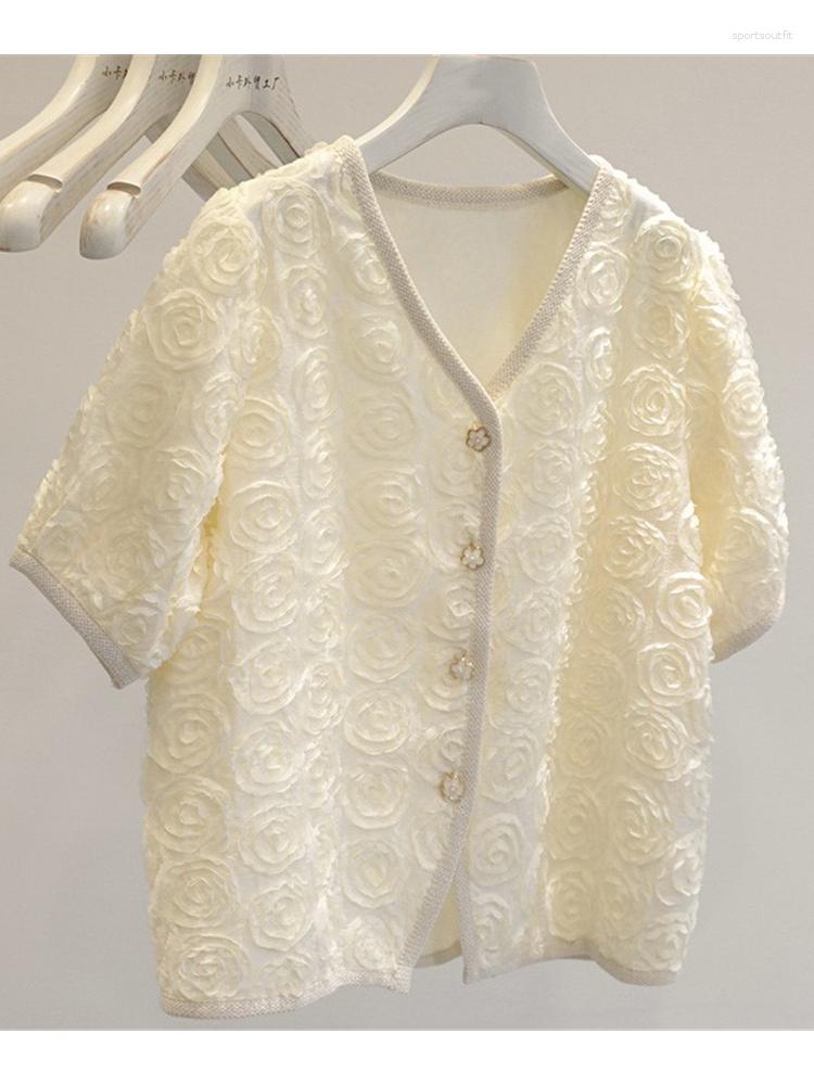 

Women's Blouses Lamtrip Unique 3D Rose Flowers Single Breasted Short Sleeve Shirt Lolita Top Mori, Beige