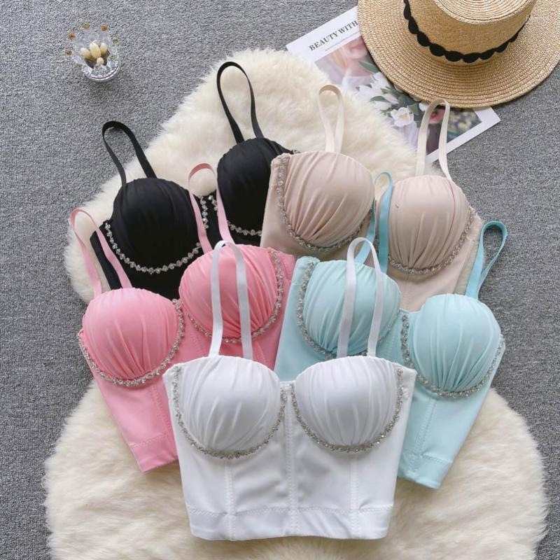 

Women's Tanks French Chic Beading Spliced Camis For Women Spaghetti Strap Sexy Skinny Casual Croset Crop Tank Tops With Built In Bras, Black