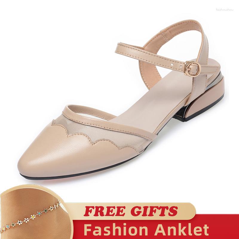 

Sandals Women's Summer Shoes Mesh Genuine Leather Closed Toe Buckle Design Non-slip Dress Mid Heel Cutout Female, Apricot