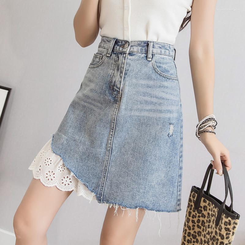 

Skirts Women Denim Skirt Summer Light Blue Fashion High Waist Hole Ripped Jeans A-line Female Patchwork Lace Mini
