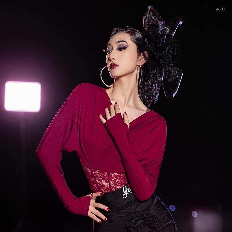 

Stage Wear Long Sleeve Latin Dance Bodysuit V-Neck Sexy Performance Clothes Cha Samba Rumba Lace Dancewear YS435, Red bodysuit