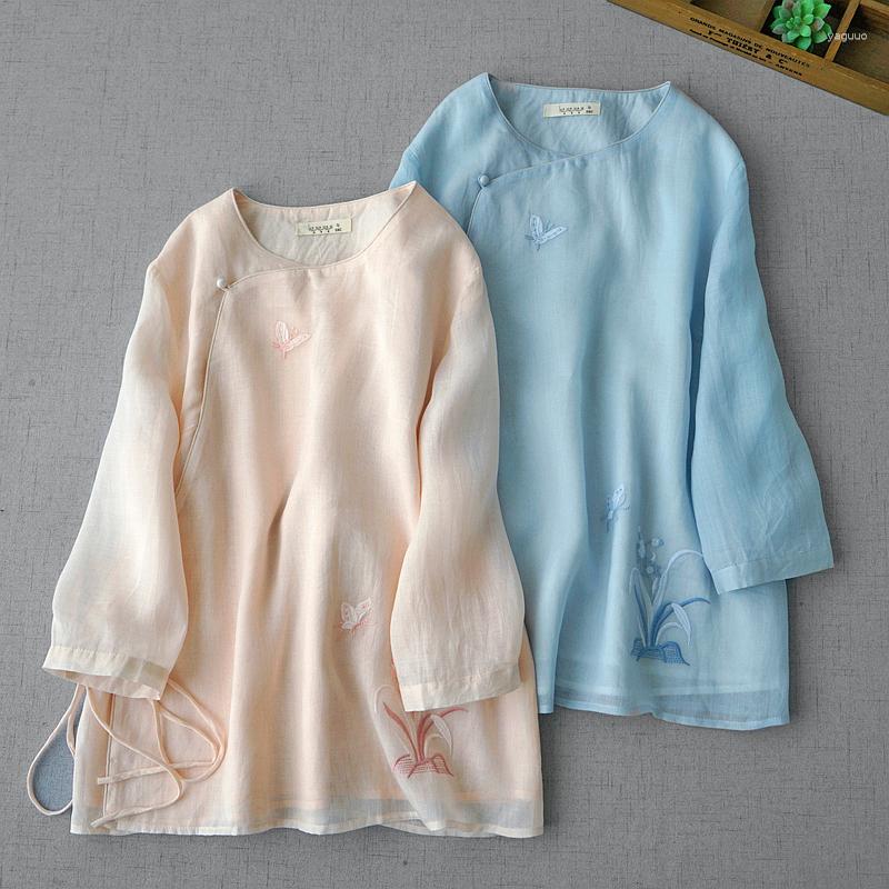 

Women's Blouses 104cm Bust 65cm Length / Spring Summer Women Loose Chinese Style Embroidered Comfy Water Washed Thin Light Ramie, Blue