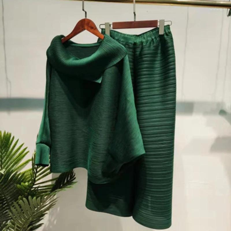 

Women's Sleepwear Turtleneck Irregular Pleated Suit Set For Women 2023 Lapel Top Fold Wide Leg Pants Two-piece Loose Casual Sets Female, Purple