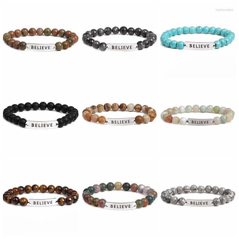 

Strand Beaded Strands Natural Semi-precious Stone Bracelet Turquoise Agate Volcanic Believe Letter Lovers Hand String Wholesale Raym22