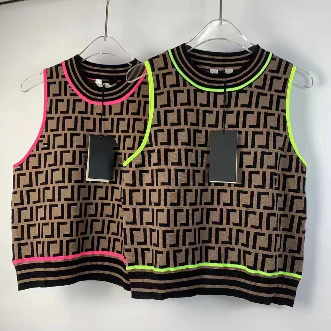 

Women's Tanks & Camis Runway banquet Summer New Print Knitted Vest Women Sleeveless O-Neck Tanks Female Pullover Vintage Slim Short Ladies Waistcoat, Green