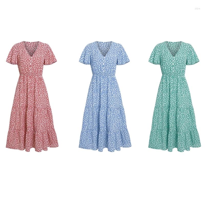 

Casual Dresses Women Short Sleeve V-Neck Dot Print Pleated Ruffle Hem Swing A-Line Long Dress, Blue