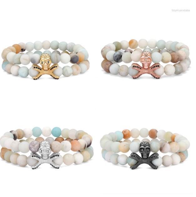 

Link Bracelets Chain 2pcs/lot 8mm Skull Gold Silver Copper Cz Zircon Cubic Zirconia Beads Yoga Bracelet Elastic Agate Stone Bangles 5345