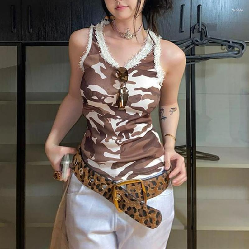 

Women' Tanks Y2k Clothes Occident Crop Top O Neck Contrast Color Patchwork Sleeveless Vest Tees Camouflage Print Slim Women T-shirts, Coffee