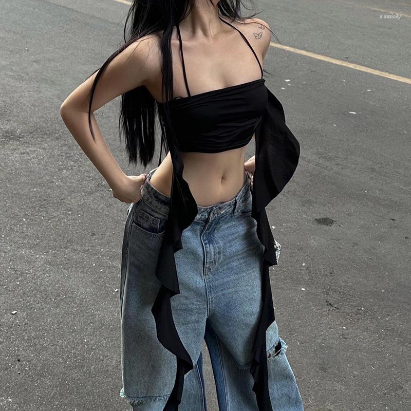 

Women' Tanks 2023 Europe Sexy Solid Color Basic Slim Women' Short Halter Tank Top Personality Streamer Lace Up Fold Skinny Crop Tops, Black