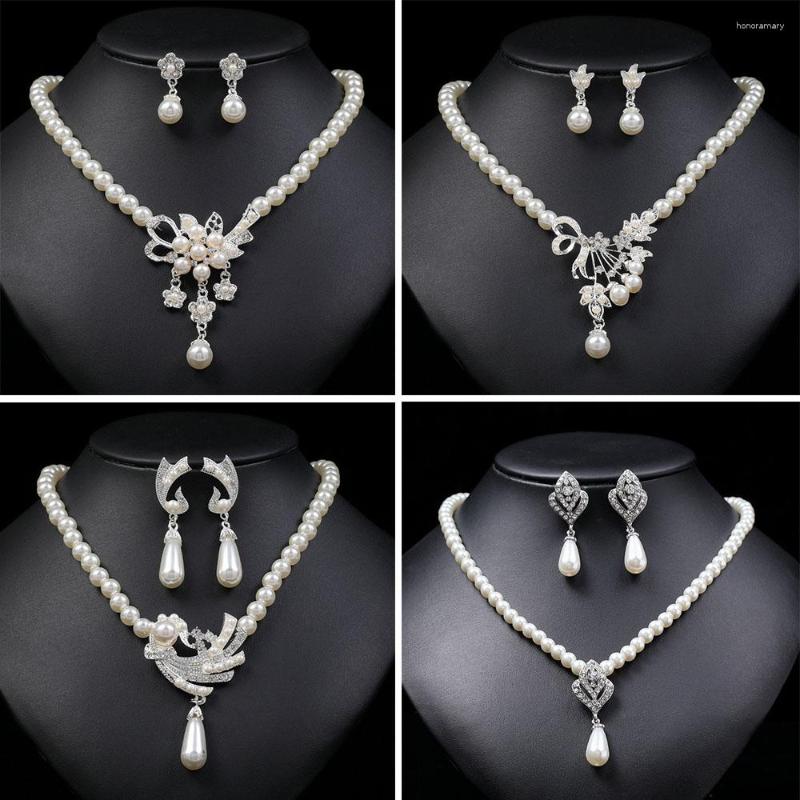 

Necklace Earrings Set TREAZY Elegant Simulated-pearl Bridal Jewelry Rhinestone Pearls Floral Drop Wedding For Women, Picture shown
