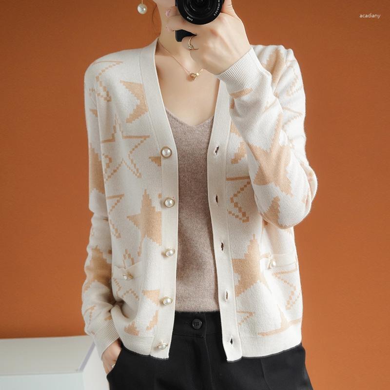 

Women's Knits 2023 Spring And Autumn Pure Wool Knitted Cardigan Short Design Slim Women's Outwear Sweater Coat Fashionable Soft, Beige