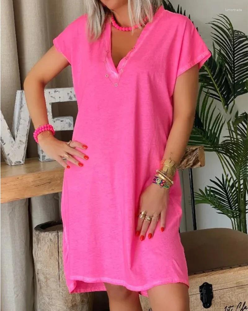 

Casual Dresses Solid Color V-neck Loose Short-sleeved Dress Everything Stylish Commuting Everyday Sexy Temperament Spring And Summer, Pink