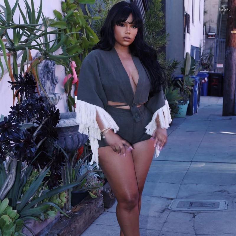 

Ethnic Clothing Summer Casual Shorts Set 2 Piece Women Sets Gray Long Sleeve Wrap Top Two Vintage Tassels Tracksuit Outfits 2XL