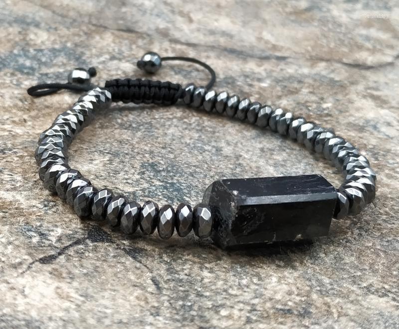 

Link Bracelets Natural Rough Black Tourmaline Stone Hematite Rondelle Beads Adjustable Bracelet M0088
