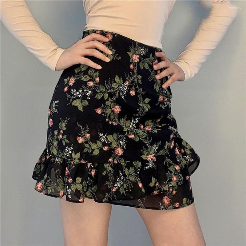 

Skirts 2023Summer French Retro Mini For Women Elegant Slim Floral Ruffle Edge High Waist Skirt Ladies Korean Style A-line, Black
