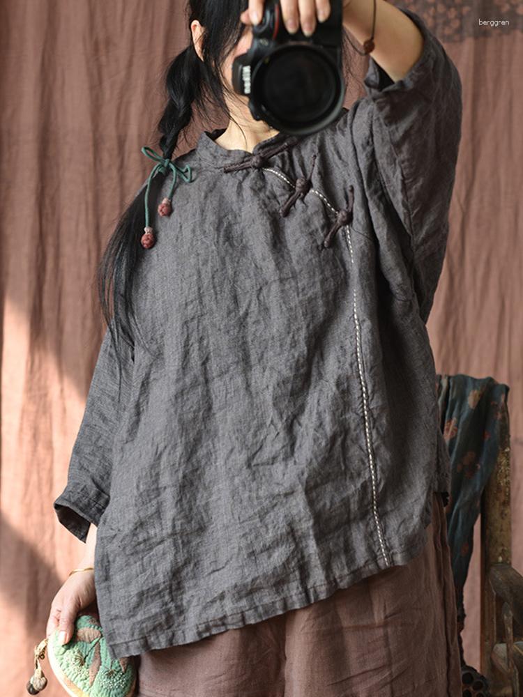 

Women's Blouses Johnature Women Chinese Style Linen Shirts Stand Long Sleeve Spring Tops Plaid 2023 Button Vintage, Gray