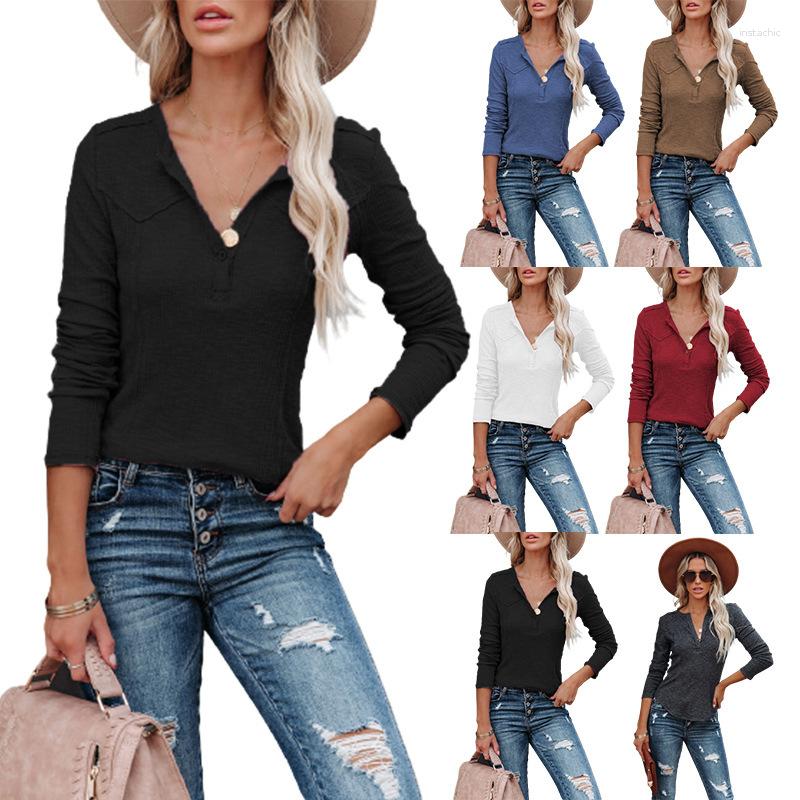 

Women' T Shirts Autumn Winter Women' T-Shirt Pullover Long-Sleeved Solid Color Pit Strip Knitted Casual Fashion Button Top Women, Brown