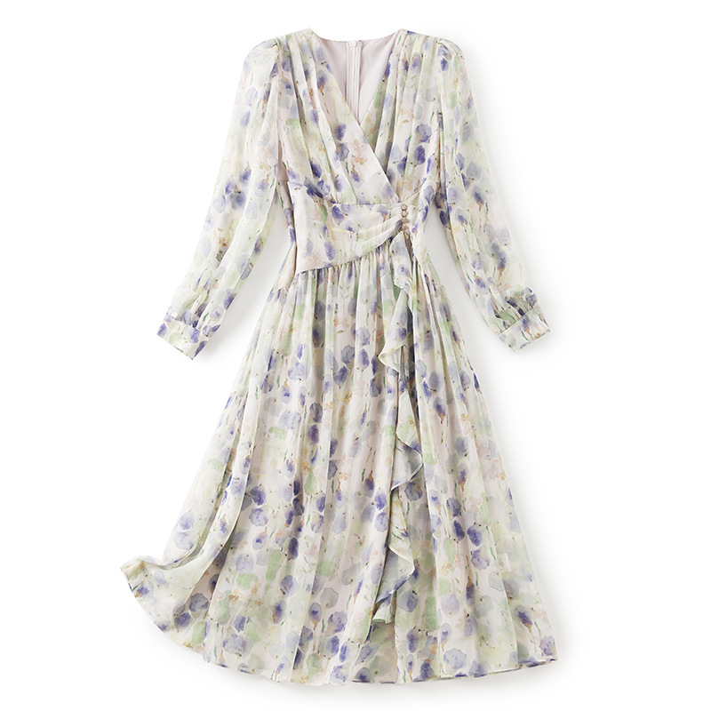 

2023 Summer PurpleFloral Print Dress 3/4 Sleeve V-Neck Buttons Midi Casual Dresses W3L042101, Purple