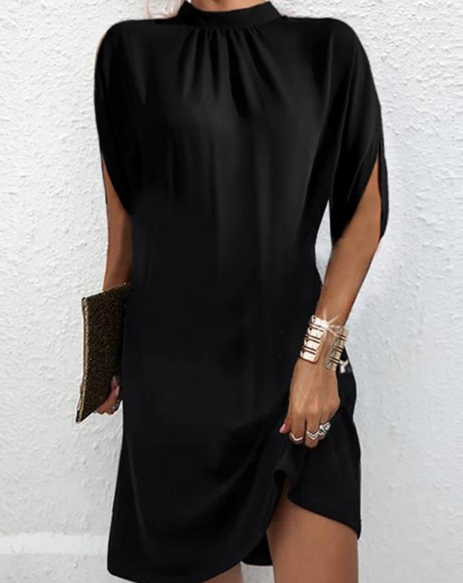 

Casual Dresses For Women 2023 Fashion Straight Slit Short Sleeve Mock Neck Mini Loose Dress Female Clothing