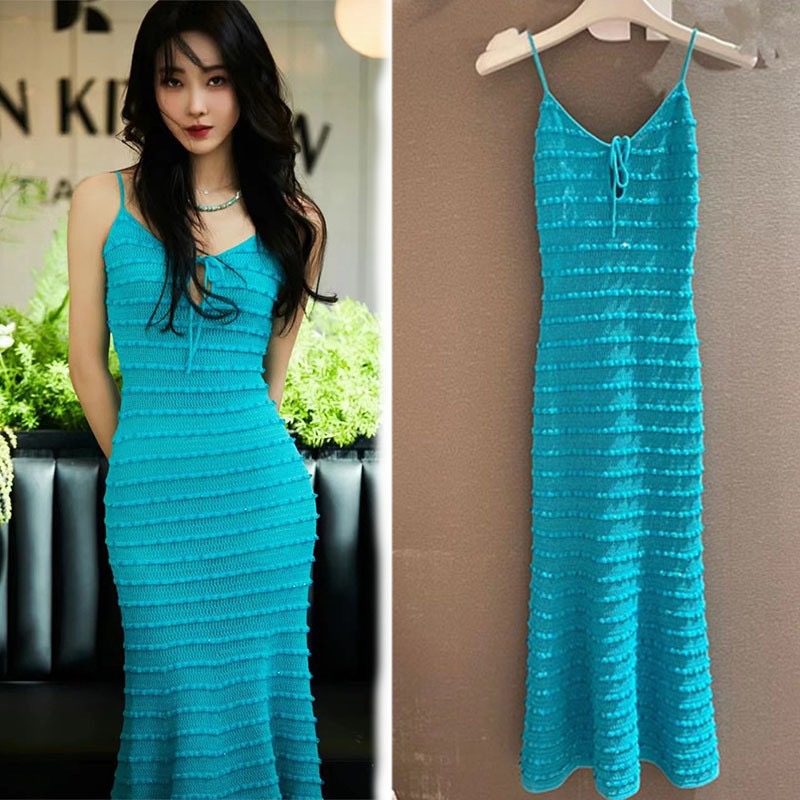 

Basic & Casual Dresses New S-elf Portrait Peacock Blue Beaded Strap Knit DressDress, Black