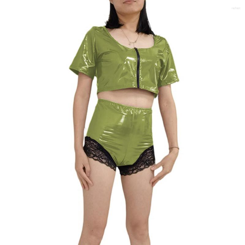 

Women's Tracksuits 2023 Faux Leather Casual Women Two Piece Front Zipper Ladies Sexy Shiny PVC Short Sleeve Top Pant Set 7XL, Orange