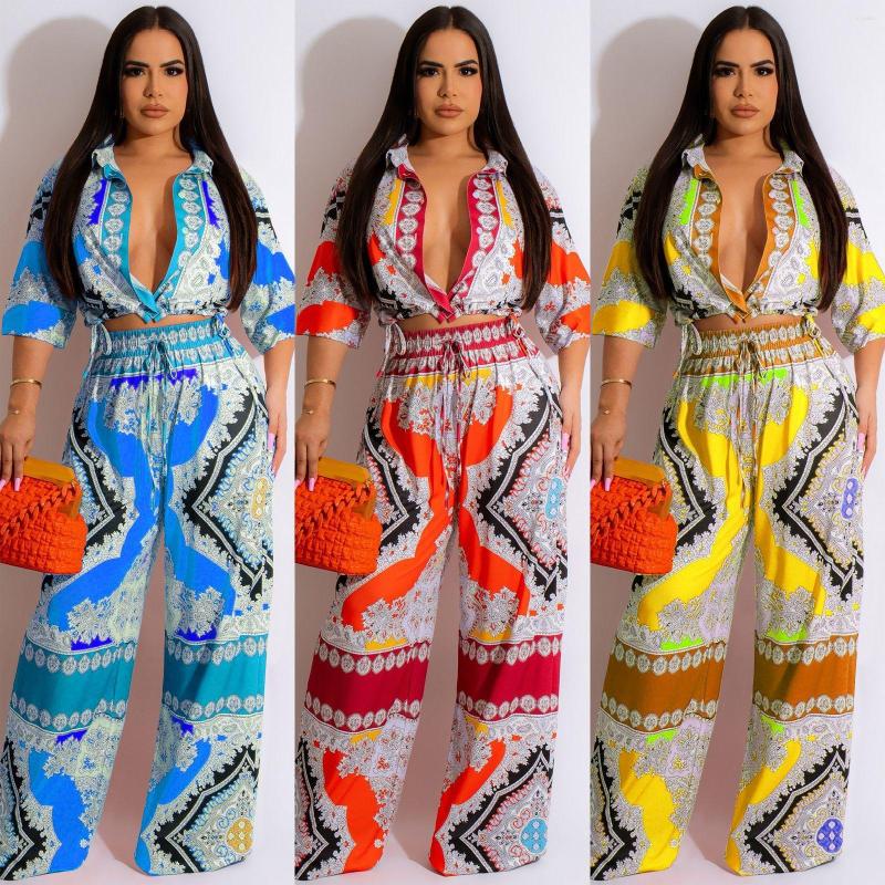 

Women' Two Piece Pants Sexy Wide Leg Pant Trousers Women Summer Clothing Shirts Blouses Elegant 2 Set Outfits Crop Tops Paisley Sets, Blue