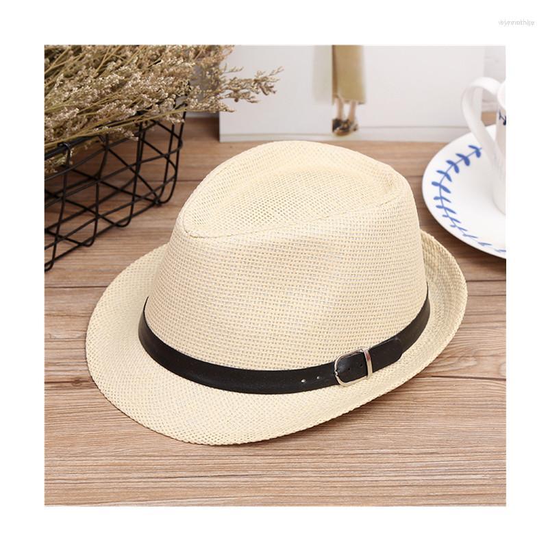 

Berets Fashion Summer Fedora Straw Jazz Hat With Leather Belt Beach Panama Cap Solid Women Caps UV Protection Sun Hats, White
