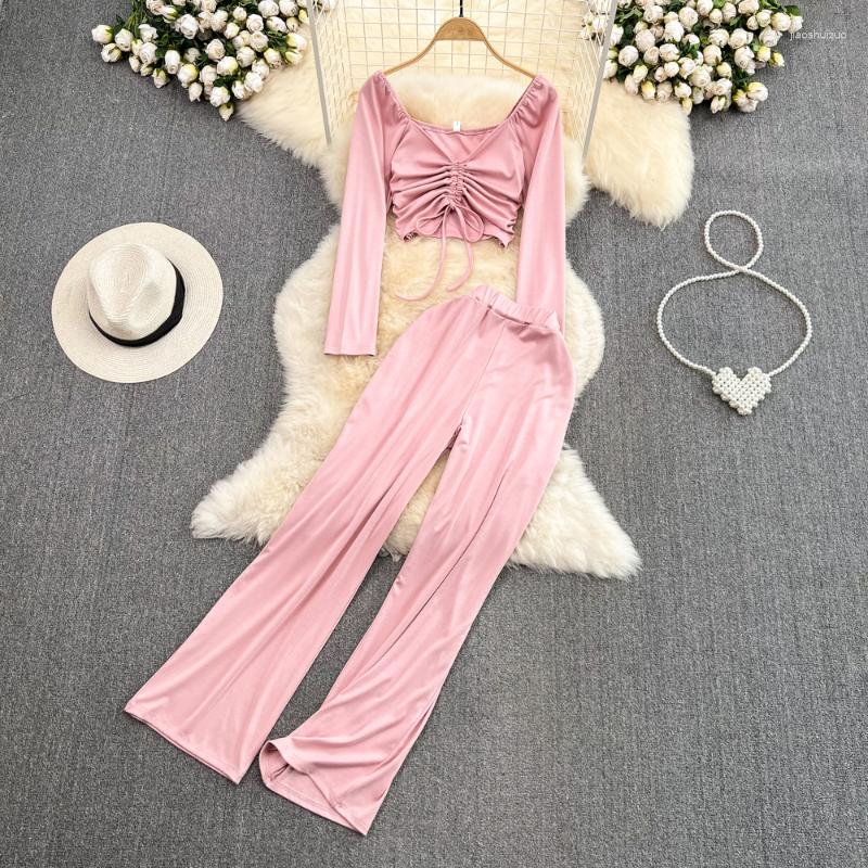 

Women's Two Piece Pants Korean Fashion Set For Women 2023 Spring Summer Solid Long Sleeve V-neck Drawstring Top Casual Draped Wide Leg DF573, Black