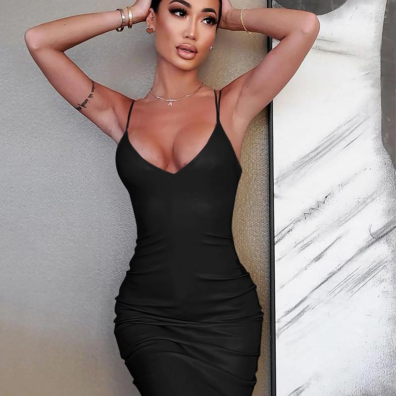 

Casual Dresses COZOK 2023 Arrival Parity Young Solid Sexy Club Leather Spaghetti Strap Sleeveless High Waist Women Short Pencil Dress, Brown