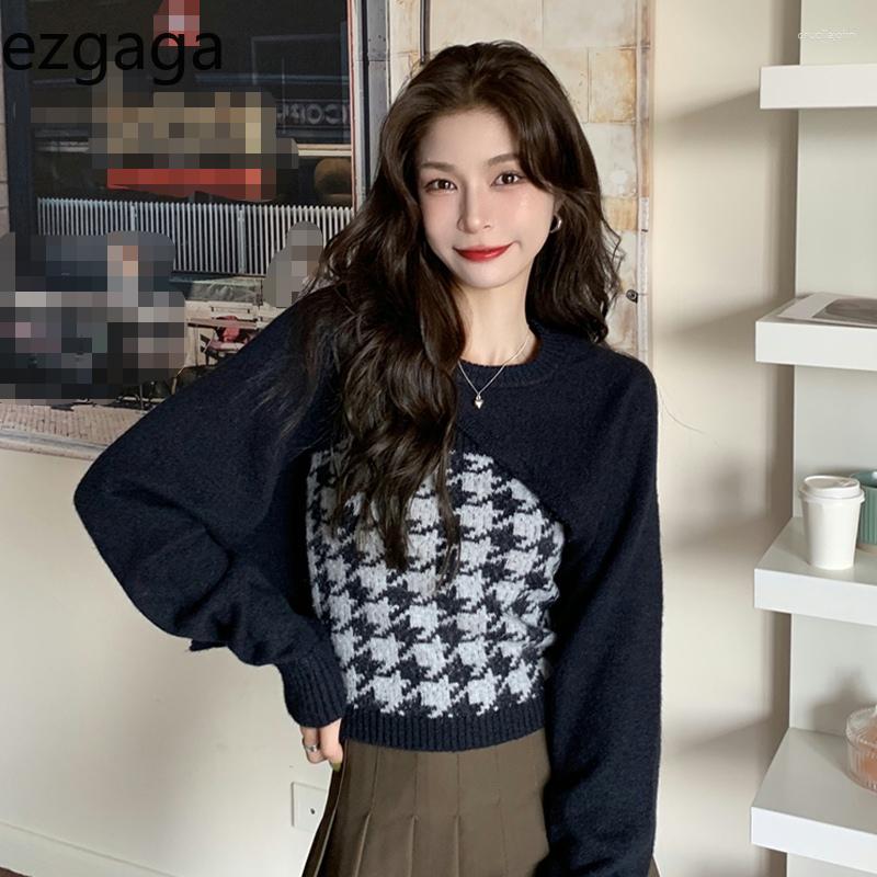 

Work Dresses Ezgaga Casual Two Piece Set Women Outwear Cropped Cardigan Irregular Sweater Plaid Knitted Vest Fashion Suits Female Sexy Tops, Khaki suits
