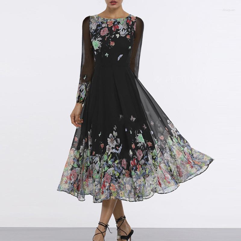 

Casual Dresses Women Elegant Beach Dress Black Floral Printed 2023 Vintage Long Sleeve