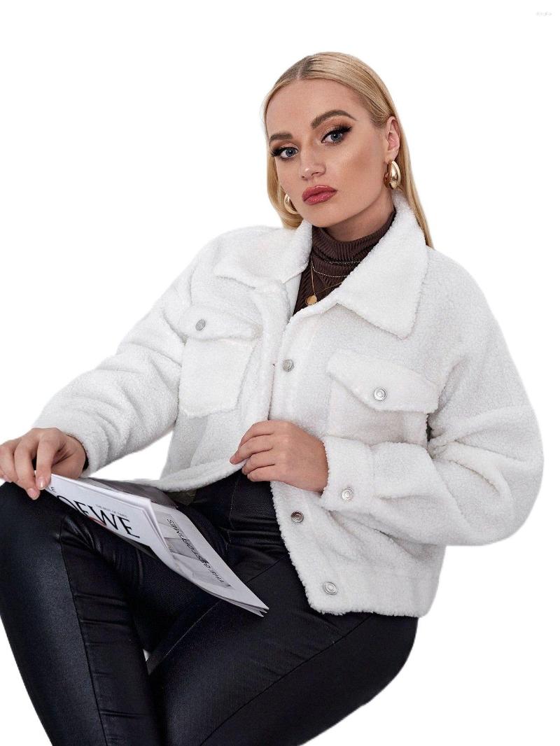 

Outerwear Plus Drop Shoulder Flap Pocket Teddy Jacket T6w7#, White