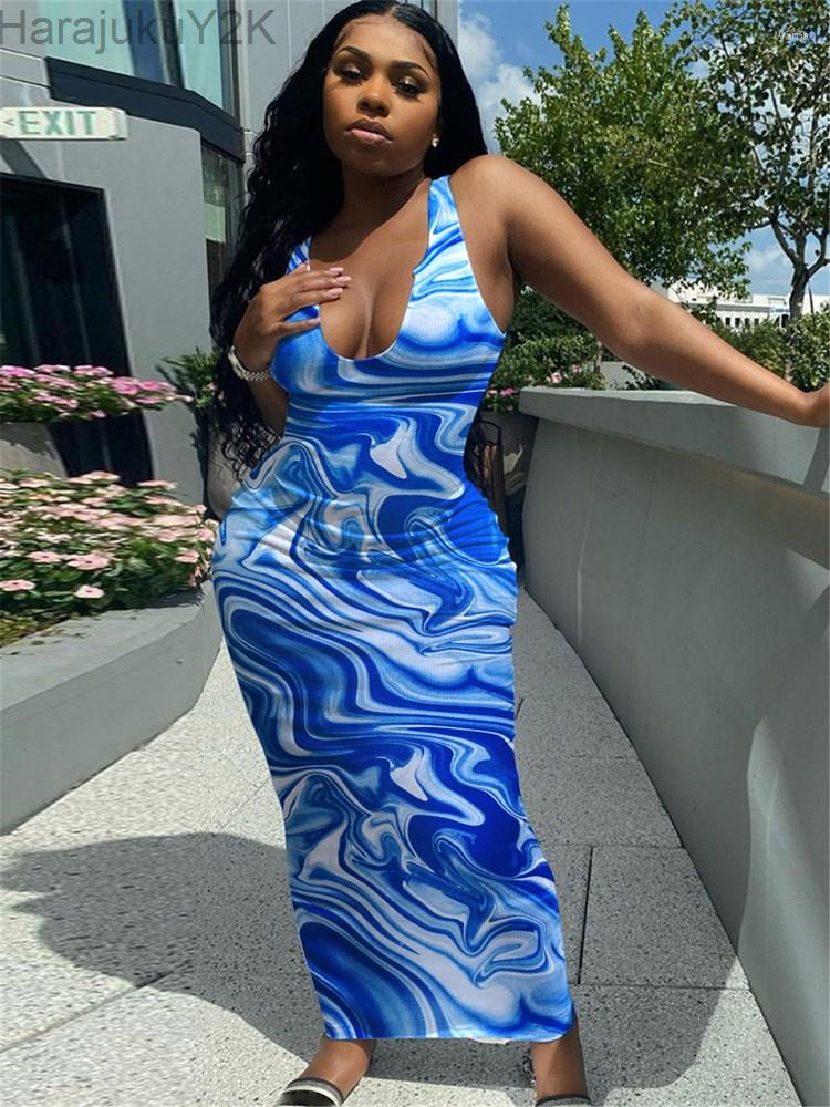 

Casual Dresses Tie Dye Summer Maxi Sexy For Women 2023 Outfits White Black Brown Bodycon Long Dress Sundress Knit, Blue