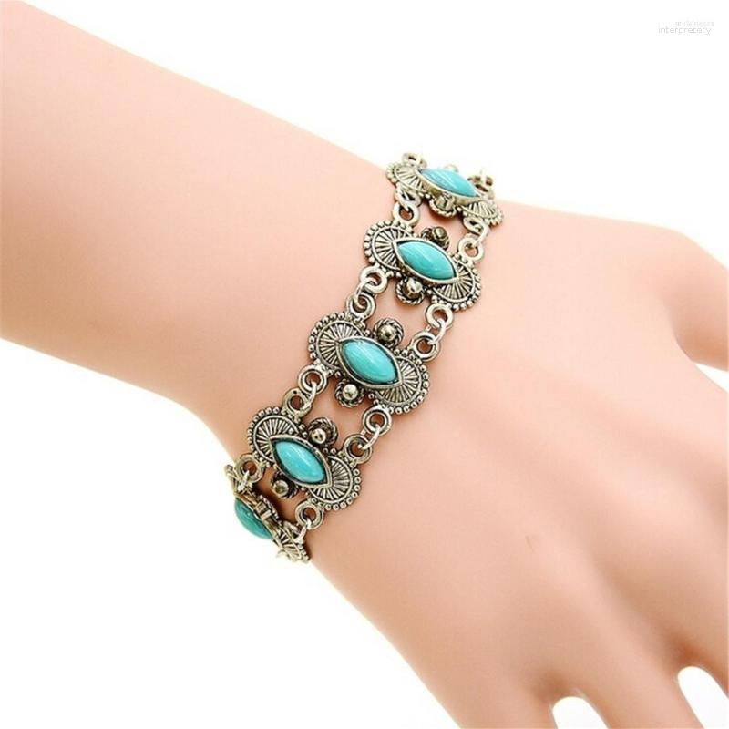

Link Bracelets For Women Sexy Bohemian Alloy Antique Silver Color Plated Personality Flower Oval Bracelet Wrist Band Fashion Jewelry