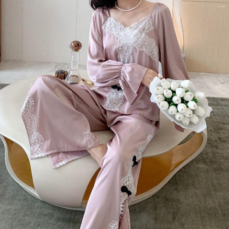 

Women's Sleepwear Sexy White Lace Patchwork Homewear Women Long Sleeve Pajamas Nightwear Pyjamas Elegant Loungewear Chinese Style 2Pcs