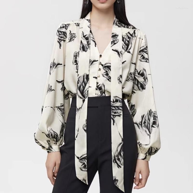 

Women' Blouses Style Women' European And American Cuff Slit Lapel Long Sleeve French Fashion Ribbon Casual Translucent Printed Shirt, Apricot