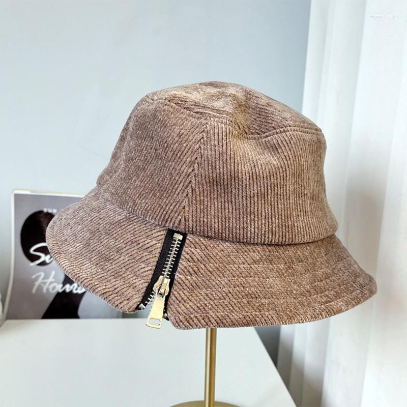 

Berets Niche Metal Zipper Basin Hat Corduroy Fisherman Warm All-match For Couples ., White