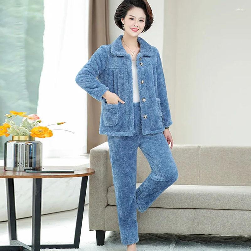 

Women's Sleepwear Autumn Winter Flannel Pajamas Plus Velvet Warm Home Service Size Women's Outfit Cardigan Trousers Two Piece 4XL, Red bean paste