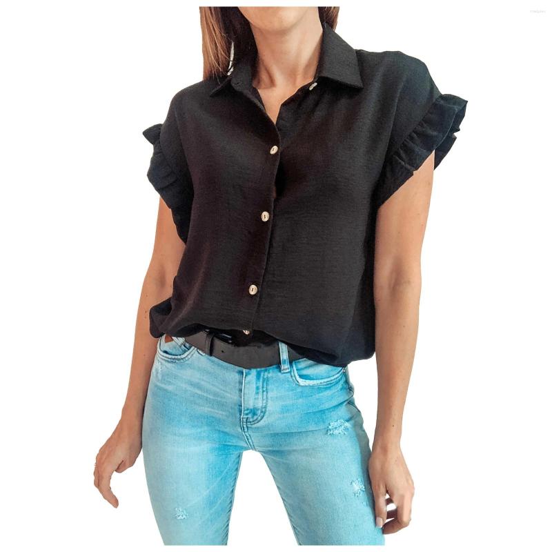 

Women's T Shirts Women Blouse Buttons Turndown Collar Ruffle Sleeveless Summer Tops Fashion Comfortable Tank Camisas De Mujer, Pink