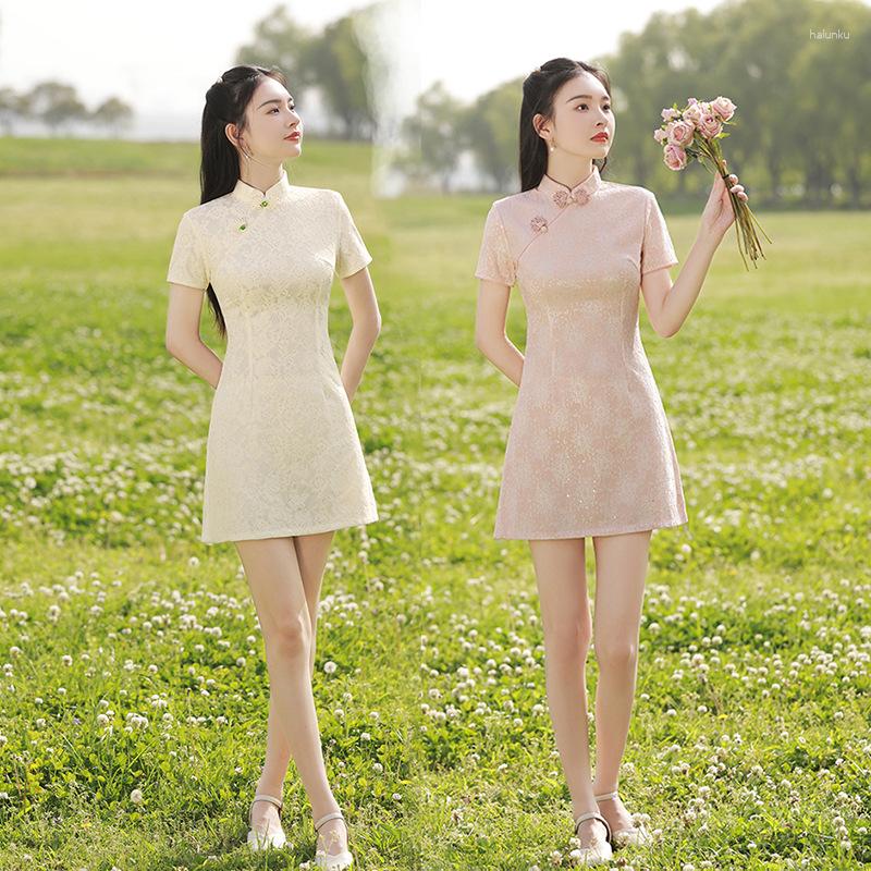 

Ethnic Clothing Summer Young Girl Sexy Embroidery Chiffon Mini Cheongsam Elegant Retro Handmade Buttons Qipao Chinese Daily Dress