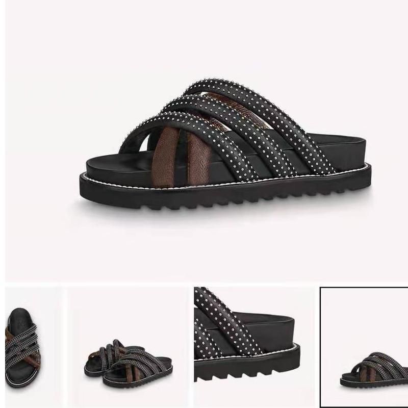 

Beach slippers Thick bottom Diamonds Women Shoes Alphabet designer slipper lady Platform Sandals Leather Heels letter High heel Slides Large size 35-42 with box, Black