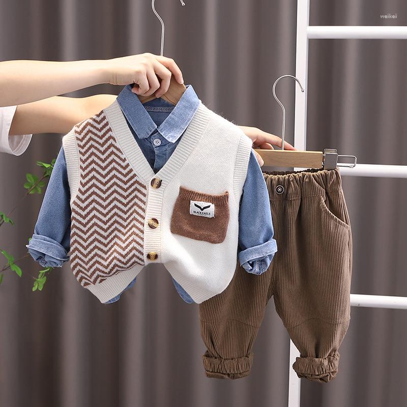 

Clothing Sets Fall Boutique Kids Baby Boy Clothes 9 To 12 Months Knitted Sleeveless Vest Denim Shirts Pants 3PCS Boys Outfit Set, Beige
