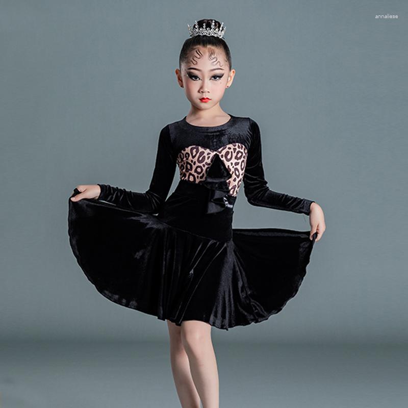 

Stage Wear 2023 Kids Latin Dance Dress Velvet Split Sets Long Sleeved Leopard Tops Skirts Girls Costume Practice SL5643, Picture shown