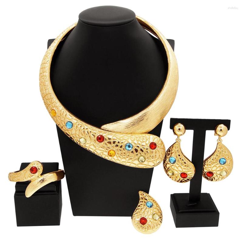 

Necklace Earrings Set Dubai Woman Gold Plated Jewelry Colorful Artificial Stone Luxury Pendant Wedding Banquet Party Gift Italian Design, Picture shown