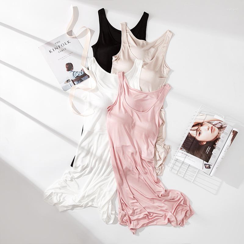 

Women's Tanks 2023 Summer Women Silk Sleepwear Long Vest With Bra One Piece Anti-stripping Round Collar Underneath Bottoming Homewear, Beige