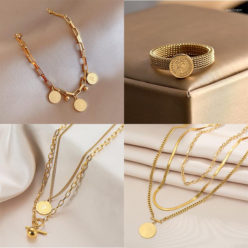 

Necklace Earrings Set MEYRROYU Stainless Steel Romantic Portrait Fashion Jewelry For Women Bracelet Ring 2023 Trend Party Gift, Picture shown