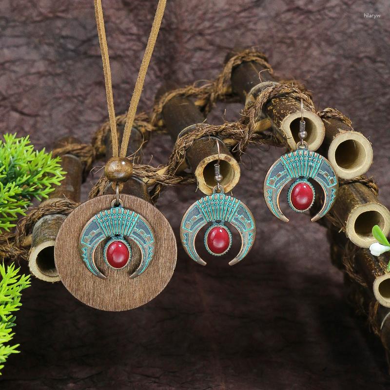 

Necklace Earrings Set Women's Pendant Vintage Geometric Crescent Red Gemstone Fashion Gypsy Bohemian Style Holiday Beach Jewelry, Picture shown