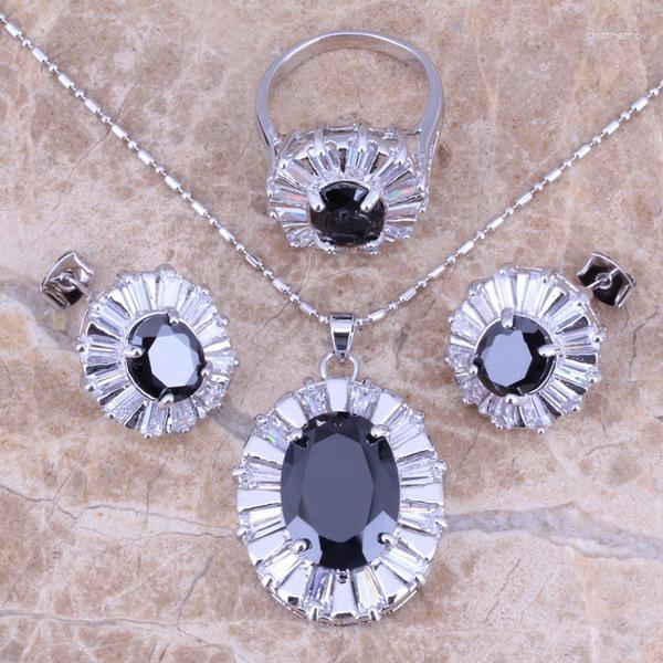 

Necklace Earrings Set Black Cubic Zirconia White CZ Silver Plated Pendant Ring Size 6 / 7 8 9 10 S0050, Picture shown