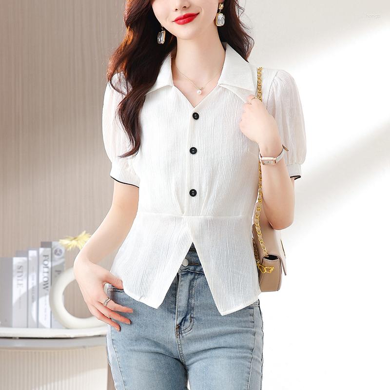 

Women' Blouses 2023 Summer French Simple Fashion Casual Pleated All-match Appears Thin Short Sleeve  Women Shirt Top Z366, White